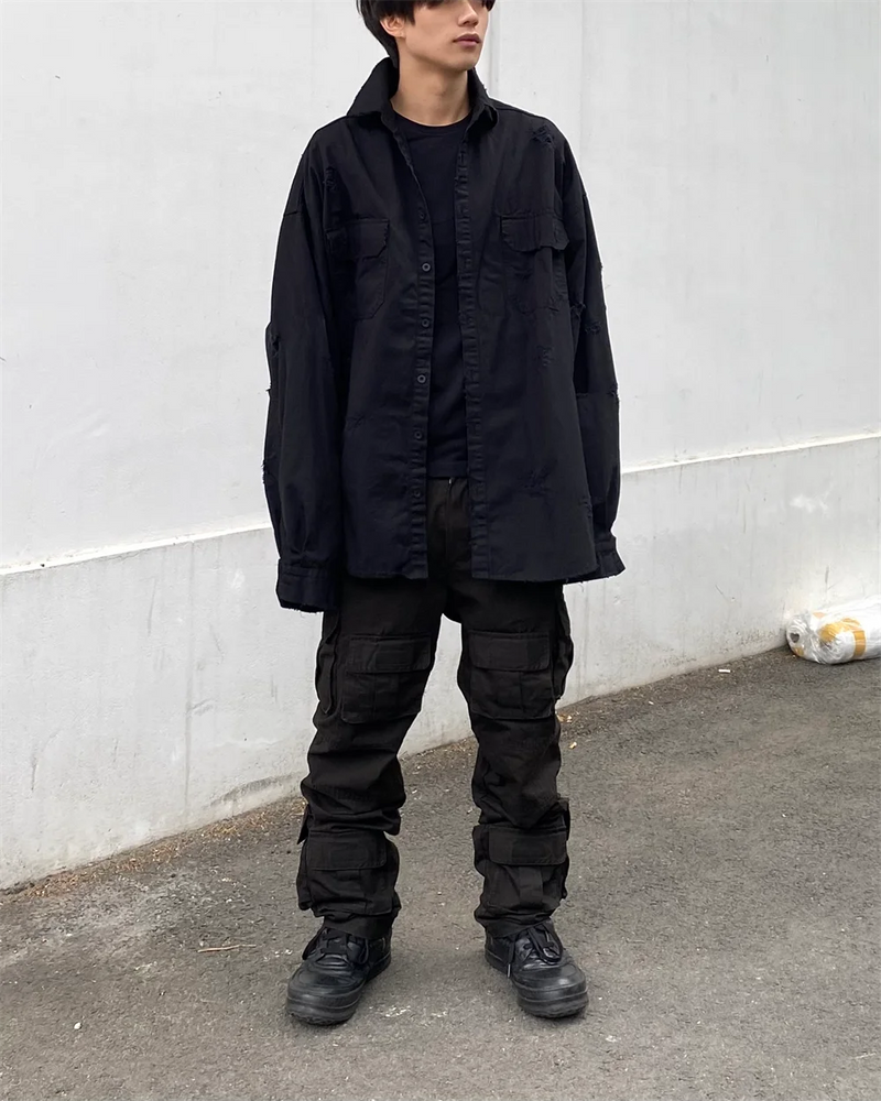 Undermycar 2023 New Worn Out Heavy Work Durable Splice Extra Large Loose Plaid Shirt with Black and Red Plaid