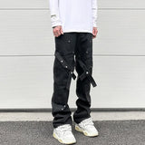 fashion knee adjust belt decoration denim jeans zipper straight jeans hip hop streetwear mens casual loose joggers jeans pants urban active pants