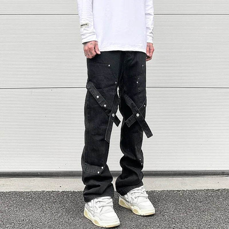 fashion knee adjust belt decoration denim jeans zipper straight jeans hip hop streetwear mens casual loose joggers jeans pants urban active pants