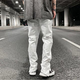 mens hole ripped white ankle zipper button jeans pants straight pockets solid color high street retro loose denim trousers unique jeans style 241