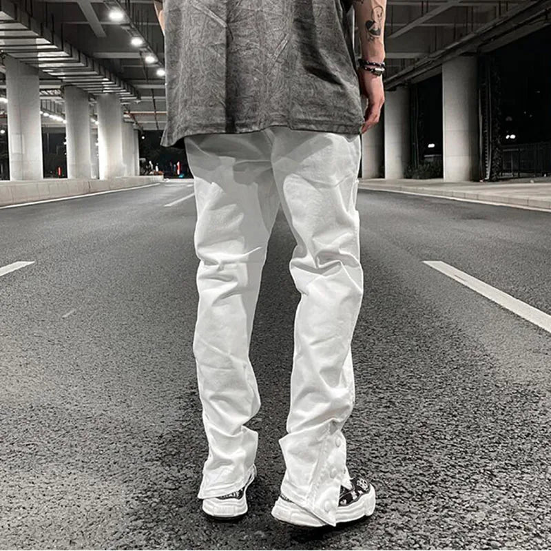 mens hole ripped white ankle zipper button jeans pants straight pockets solid color high street retro loose denim trousers unique jeans style 241