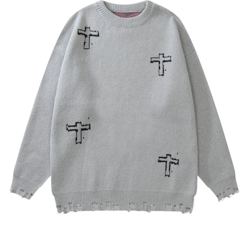 vintage sweaters y2k grunge streetwear hip hop ripped hole knitted cross punk gothic jumpers fashion harajuku casual pullover streetwear fashion hoodie, urban wear with bold artwork, oversized graphic print design