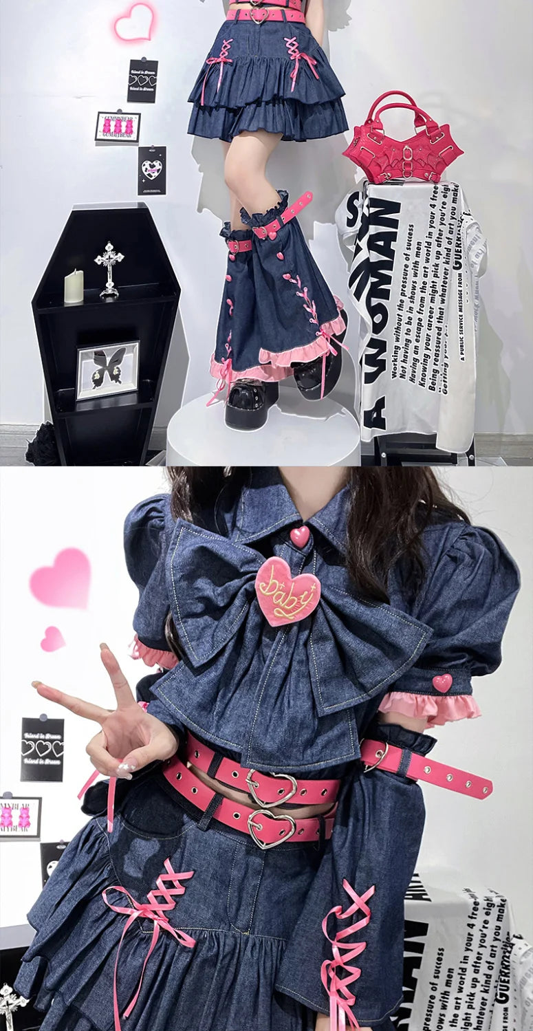 Y2K Set Sweetheart Spicy Girl dress skirt sets Women's 2023 Summer Bubble Sleeve Bowtie Campus Style 2 piece sets womens outfits