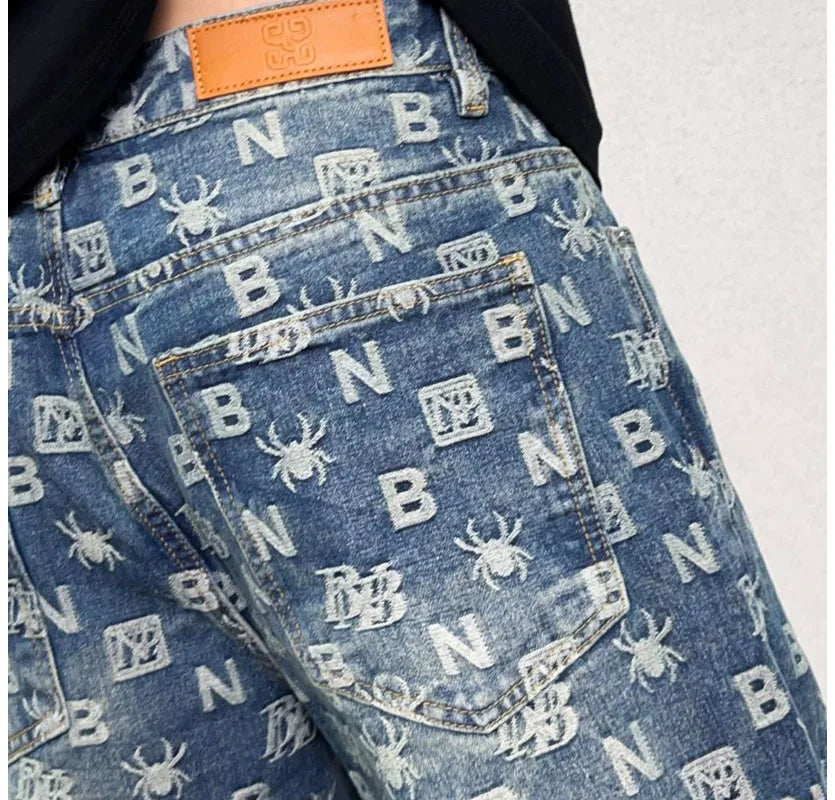 men jacquard streetwear hip hop vibe casual straight denim jeans pants boyfriend high street ripped jeans trousers unique jeans style 3106