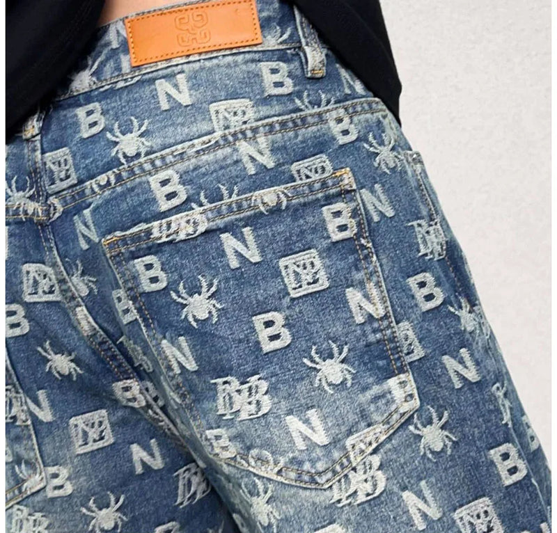 men jacquard streetwear hip hop vibe casual straight denim jeans pants boyfriend high street ripped jeans trousers unique jeans style 3106