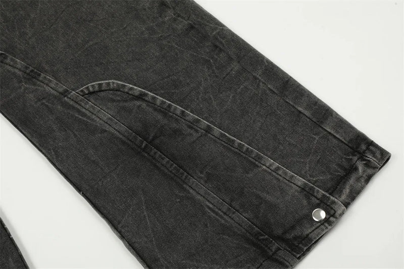 american high street vibe fashion splice jeans mens belt loose casual vintage wide leg straight denim baggy jeans pants trouser unique jeans style 1456