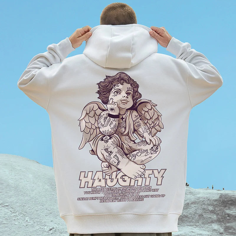 Autumn Haughty Angel Graphic Fleece Hoodies For Men Oversized Retro