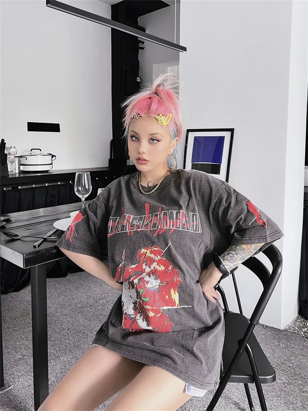 Gothic Streetwear top – Summer Vintage Japanese Anime Print Vintage Washed Street Sh