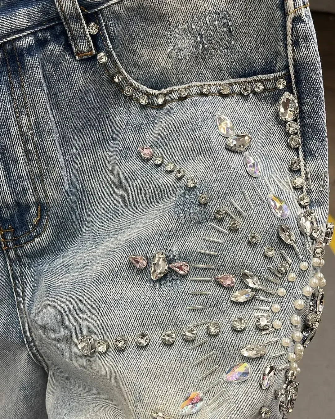 Denim Gym Shorts Men Women Y2K Hip Hop Retro Rhinestones Streetwear Shorts Gothic Baggy Jeans High Waist Basketball Shorts