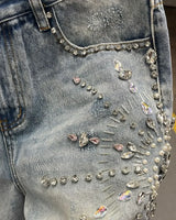 Denim Gym Shorts Men Women Y2K Hip Hop Retro Rhinestones Streetwear Shorts Gothic Baggy Jeans High Waist Basketball Shorts