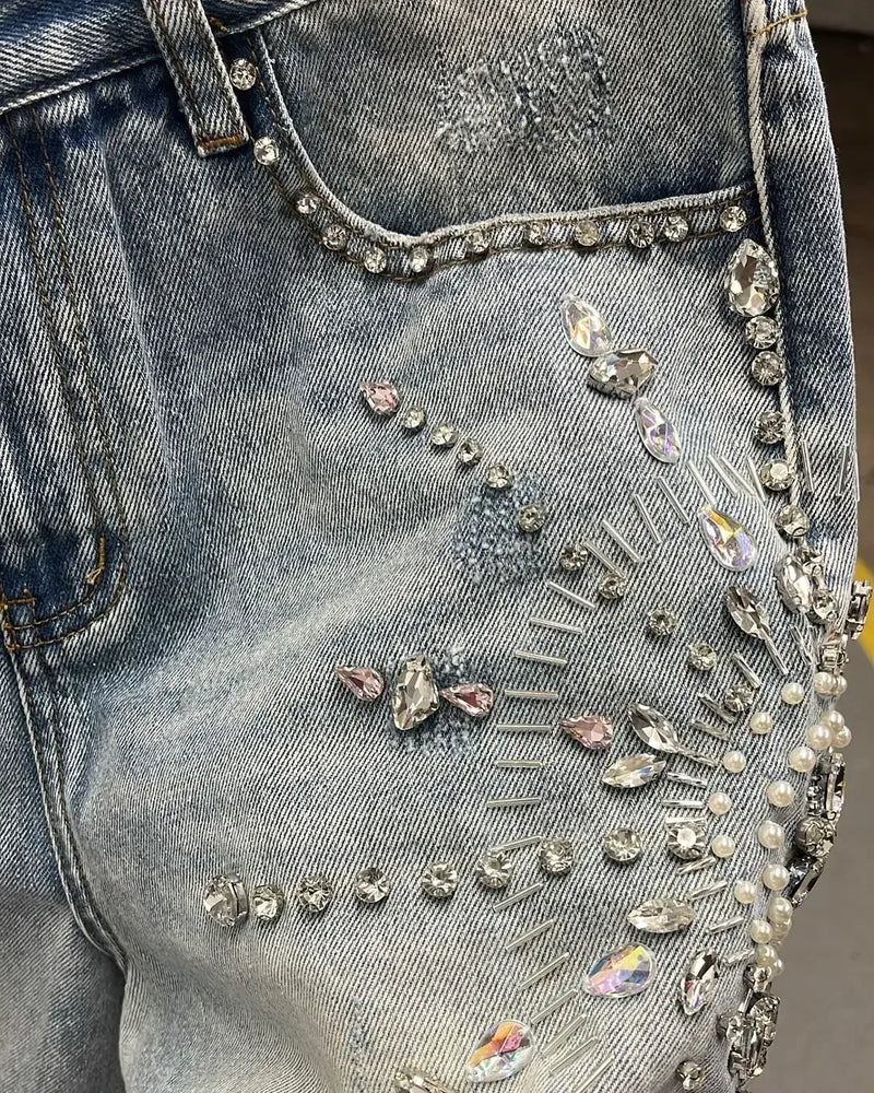 Denim Gym Shorts Men Women Y2K Hip Hop Retro Rhinestones Streetwear Shorts Gothic Baggy Jeans High Waist Basketball Shorts