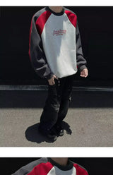 Trendy Personality Korean Motorcycle Style Round Neck Sweatshirt Men 2024 Spring Autumn Niche Contrasting Color Pullover Hot Top