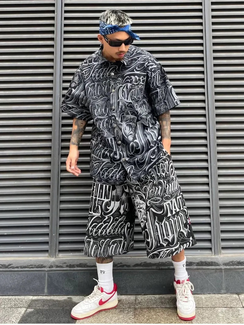 2 pieces sets mens fashion harajuku printed single breasted shirts and drawstring capris short pants joggers new streetwear sets streetwear sweatpants