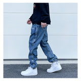 washed distressed denim sweatpant cashew flower patchwork oversized splice buckle jogging jeans casual button baggy men clothing unique joggers style 4363