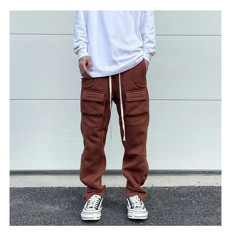mens high street loose fit elastic waist pants winter warm fleece pants bottons hip hop drawstring sportwear sweatpants joggers unique joggers style 3053