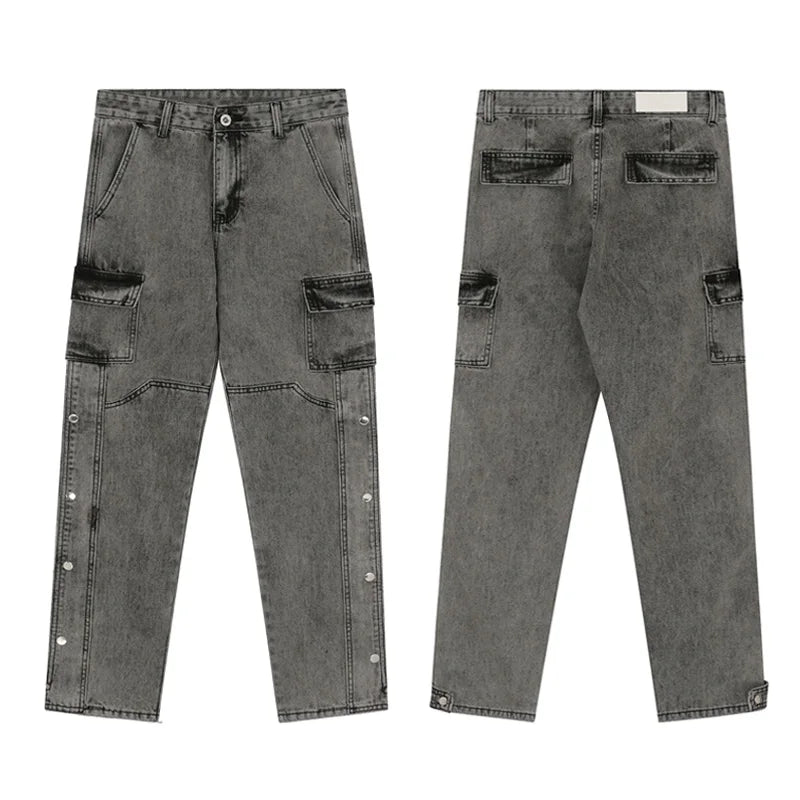 men fashion denim jeans casual bottom button open straight jeans with pockets hip hop streetwear zipper cargo joggers jean pants unique joggers style 2521
