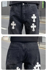 men embroidery streetwear brand fashion hip hop loose casual straight motorcycle denim jeans pant cityboy y2k jeans trousers unique jeans style 2496