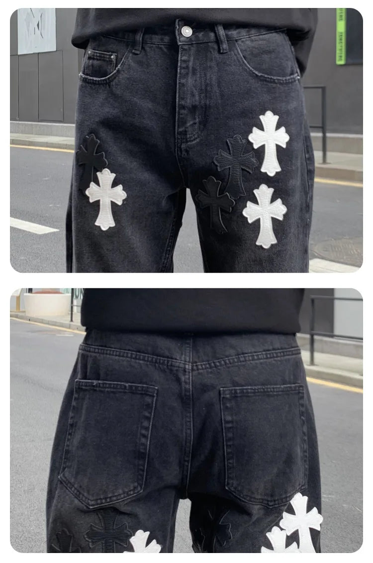 men embroidery streetwear brand fashion hip hop loose casual straight motorcycle denim jeans pant cityboy y2k jeans trousers unique jeans style 2496
