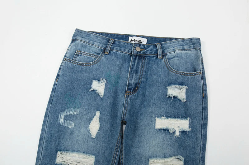 Straight Washed Retro Baggy Men's Jeans High Street Ripped Hip Hop Casual Oversized