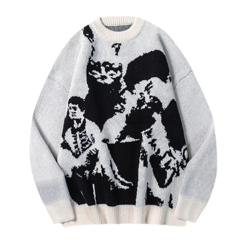 hip hop punk knitted oversized sweater mens autumn winter o neck long sleeve pullover streetwear unisex loose sweaters clothing - bold artwork streetwear hoodie, trendy hip hop fashion hoodie, gothic aesthetic hoodie for winter