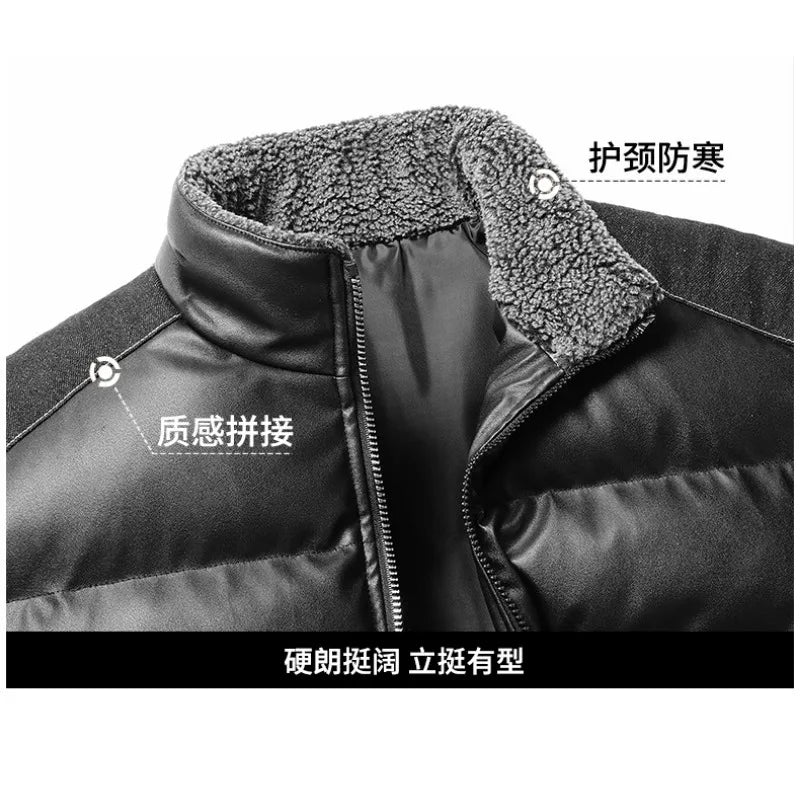 Winter new men's cotton thickened jacket slim stand-up collar splicing PU leather large pocket cotton-padded coat men