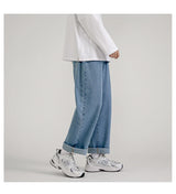 korean fashion mens baggy jeans classic all match solid color straight leg denim wide leg pants male light blue grey black unique jeans style 1138
