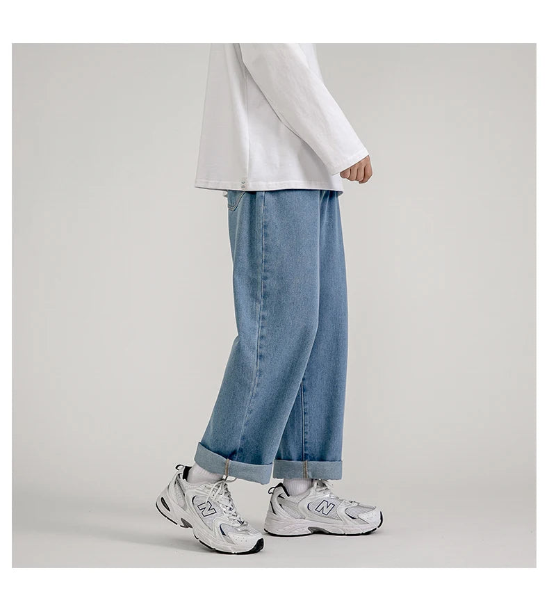 korean fashion mens baggy jeans classic all match solid color straight leg denim wide leg pants male light blue grey black unique jeans style 1138