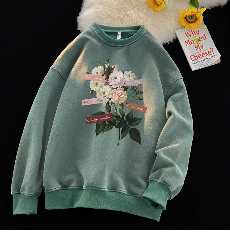 Vintage Floral Graphic Men Sweatshirt Spring Autumn Gothic Round Neck Pullover Hip Hop Streetwear Y2k Sweatshirts