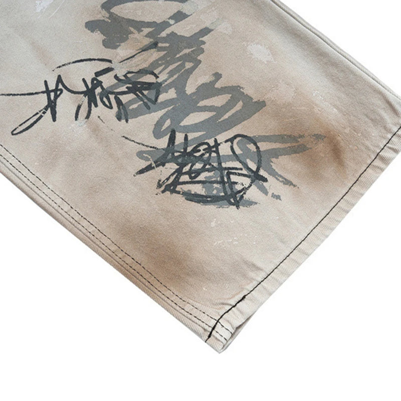 men hip hop baggy jeans graffiti printed loose straight denim pants dirty washed streetwear fashion jeans trousers white unique jeans style 568