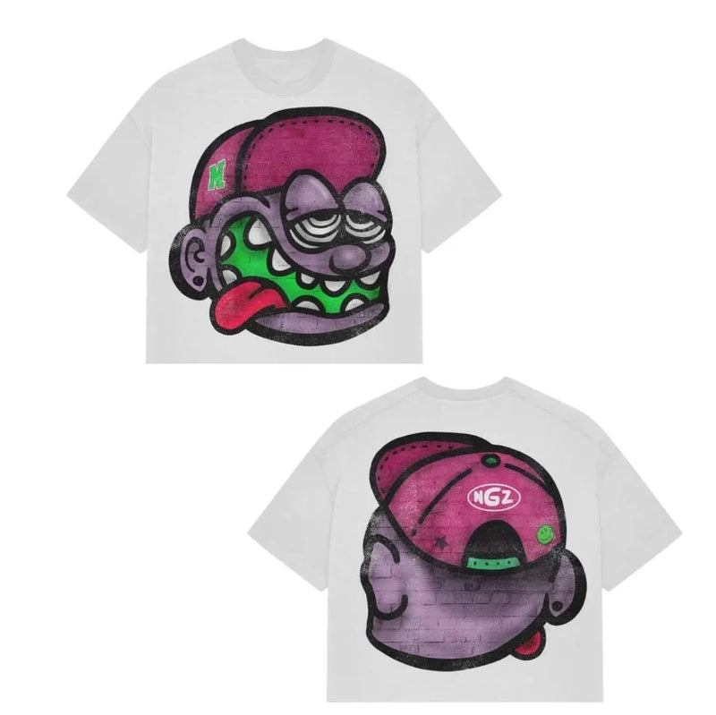 layered comic street tee with vaporwave fonts and graffiti spray