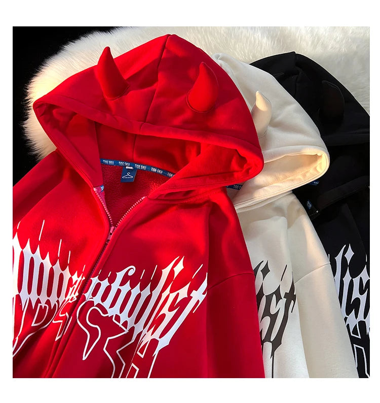 Y2K Kawaii Devil Horn Tail Hip Hop Badge Print Hoodies Cardigan Couple