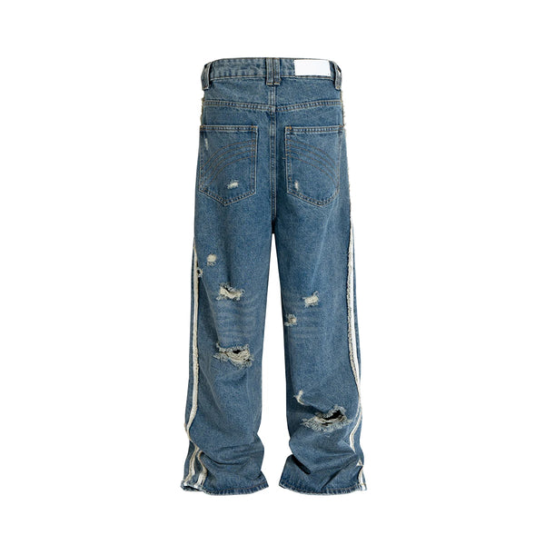 High Street White Striped Washed Hole Baggy Jeans for Men and Women Distressed Damaged Vintage Casual Denim Trousers Oversized