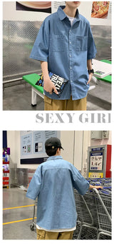 American summer thin denim shirt for men and women loose fit hip-hop short sleeved retro personality casual street top harajuku