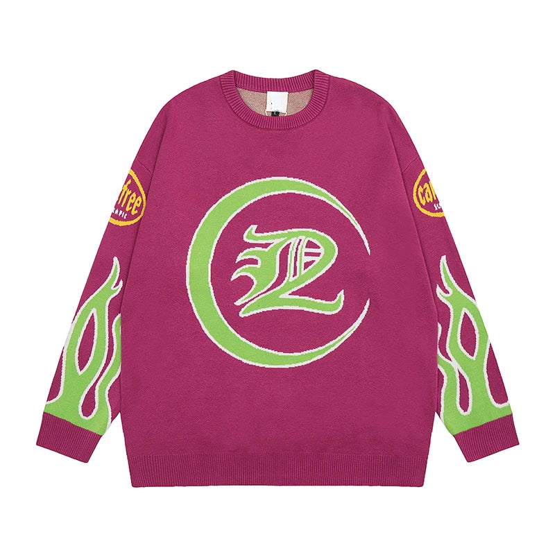 hip hop knitted sweater men letter fire pattern o neck pullover streetwear casual loose sweater unisex harajuku jumpers knitwear Y2K vintage urban hoodie, high quality cotton pullover, aesthetic street look hoodie