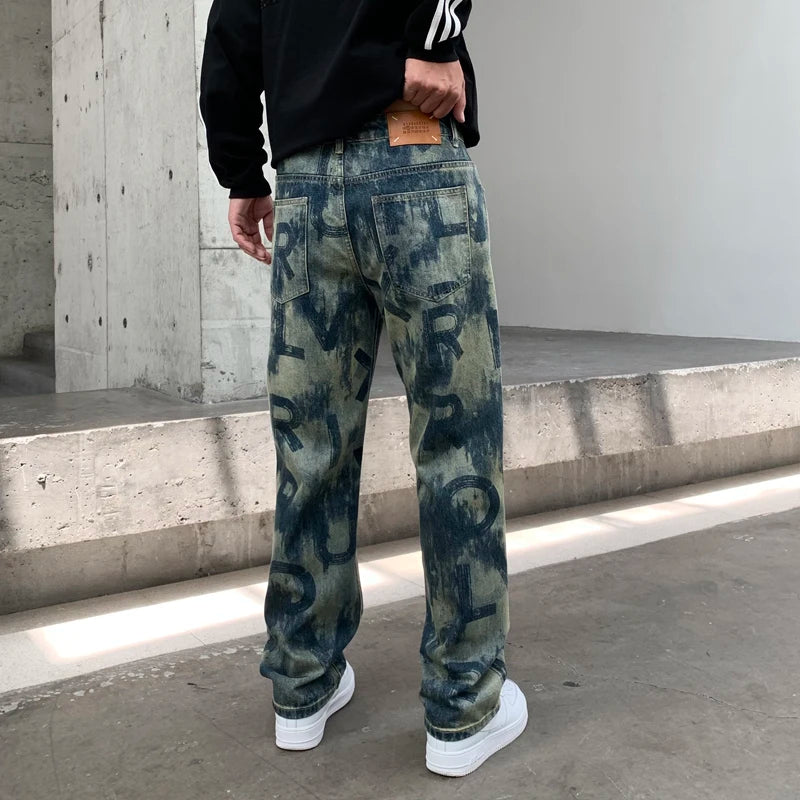 men loose casual american high street hip hop vibe printed denim baggy jeans pants man streetwear ripped jeans trousers vintage washed jeans