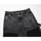 patchwork graffiti black straight denim pants mens vintage patches stitching ink splashed jeans y2k logging cargo pants for male combat utility trousers