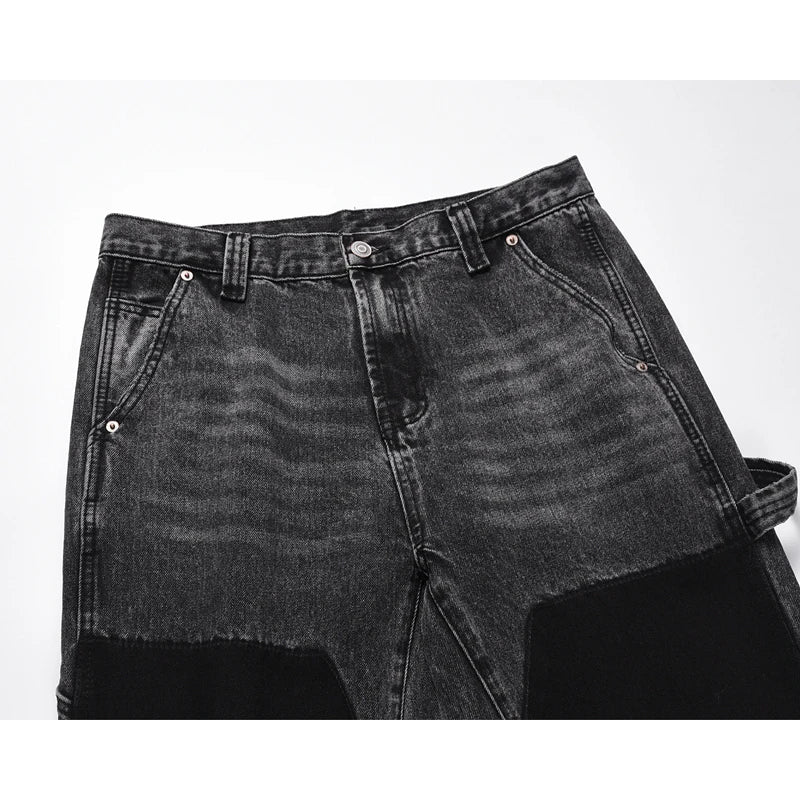patchwork graffiti black straight denim pants mens vintage patches stitching ink splashed jeans y2k logging cargo pants for male combat utility trousers