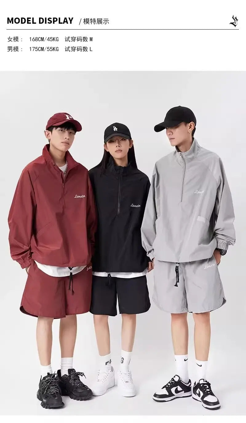 quick drying two piece set men loose casual street sweatshirt shorts y2k stand collar casual loose lightweight suits american unique shorts style 486