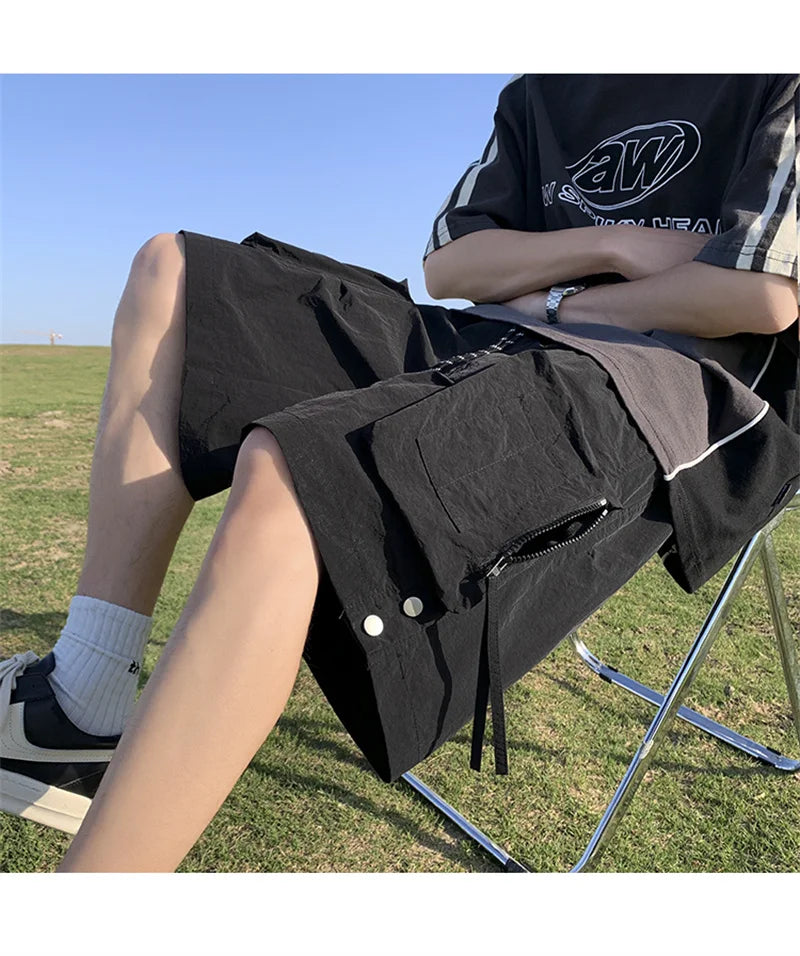summer casual purple cargo shorts men high street drawstring pocket baggy short sweatpants y2k hip hop bermudas homme shorts unique joggers style 180