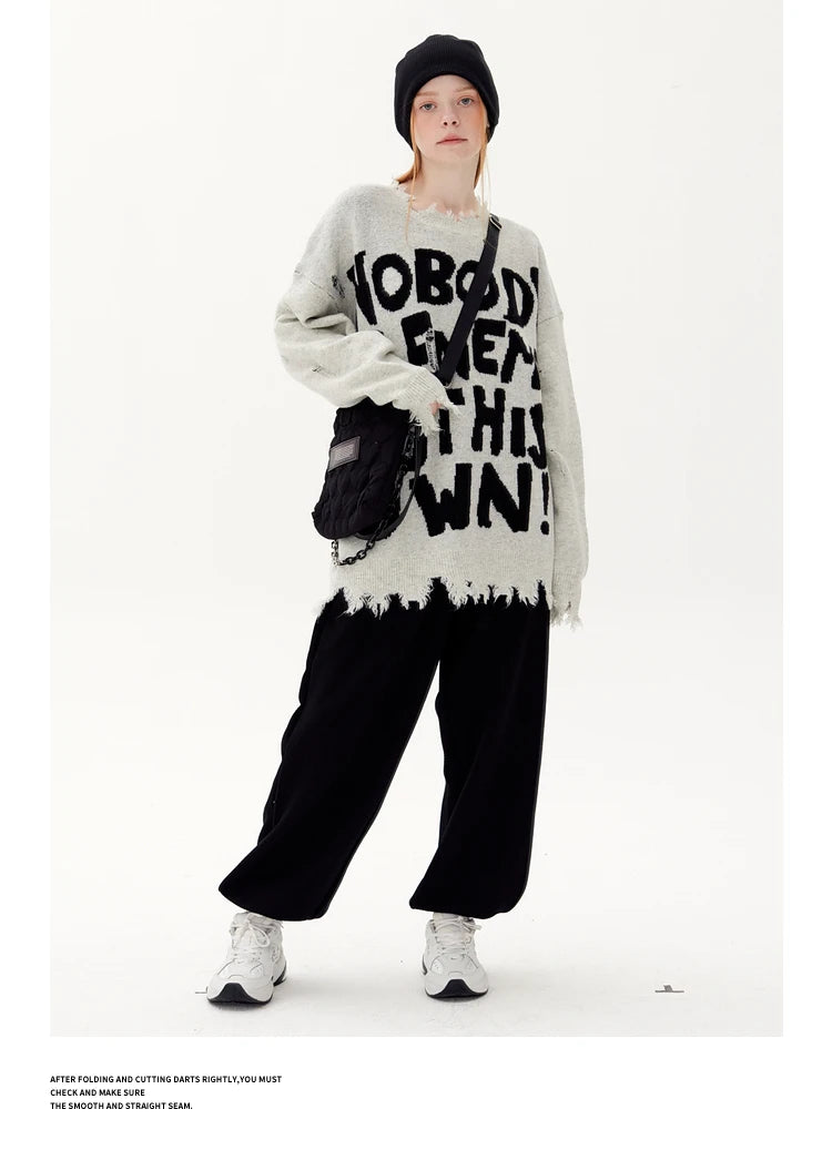 hip hop knitted pullover, bold design pullover, cozy fashion fit, stylish street outfit, modern aesthetic appeal