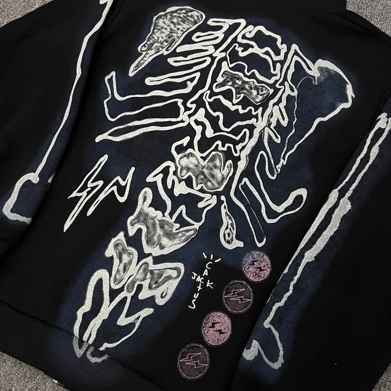 skatercore crying character featuring cactus jack fashion skull skeleton hoodie zip up plush hoodie cardigan kanye oversized zipper hoodies y2k men black clothes