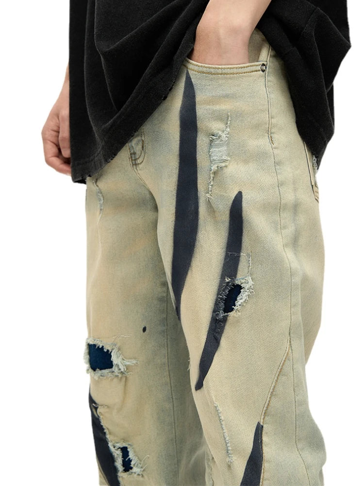 irregular graffiti prtinted denim jean pants casual distressed washed biker jeans hip hop streetwear y2k mens straight joggers relaxed fit joggers