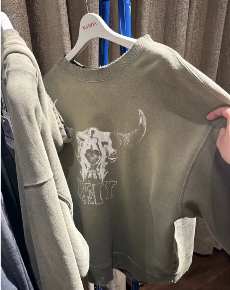 Vintage FW24 Devil print pattern High-Street Cotton Quality round neck pullover long sleeved sweatshirt