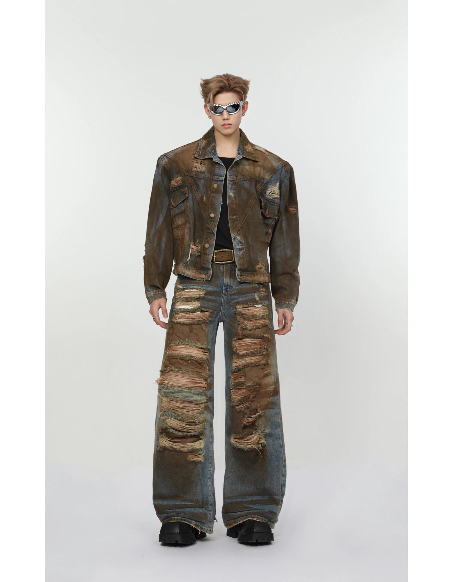 2 pieces sets mens dirty graffiti wide shouder denim jeans jacket coat and ripped holes wide legs pants joggers streetwear sets unique joggers style 4553