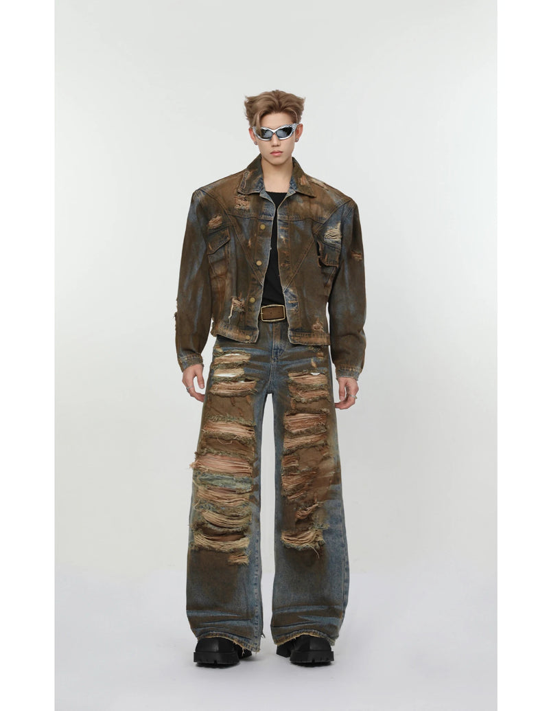 2 pieces sets mens dirty graffiti wide shouder denim jeans jacket coat and ripped holes wide legs pants joggers streetwear sets unique joggers style 4553