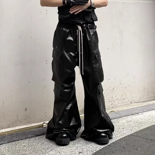 ro style glossy black pu leather pants for men high street y2k pantalones hombre baggy overall wide leg drawstring cargos baggy cargo bottoms