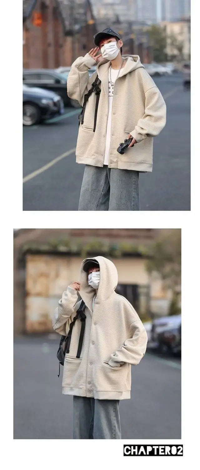 Korean Retro Y2K Waffle Hooded Jacket for Men and Women Ins Harajuku Style Casual Loose Couple Wear Cardigan Sweatshirt