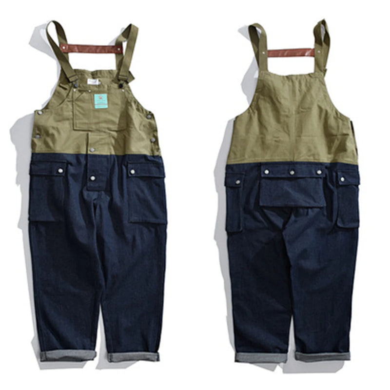2023 summer cargo overalls pants men patchwork denim jumpsuits loose work pants solid color casual streetwear cargo trousers unique cargo style 4501