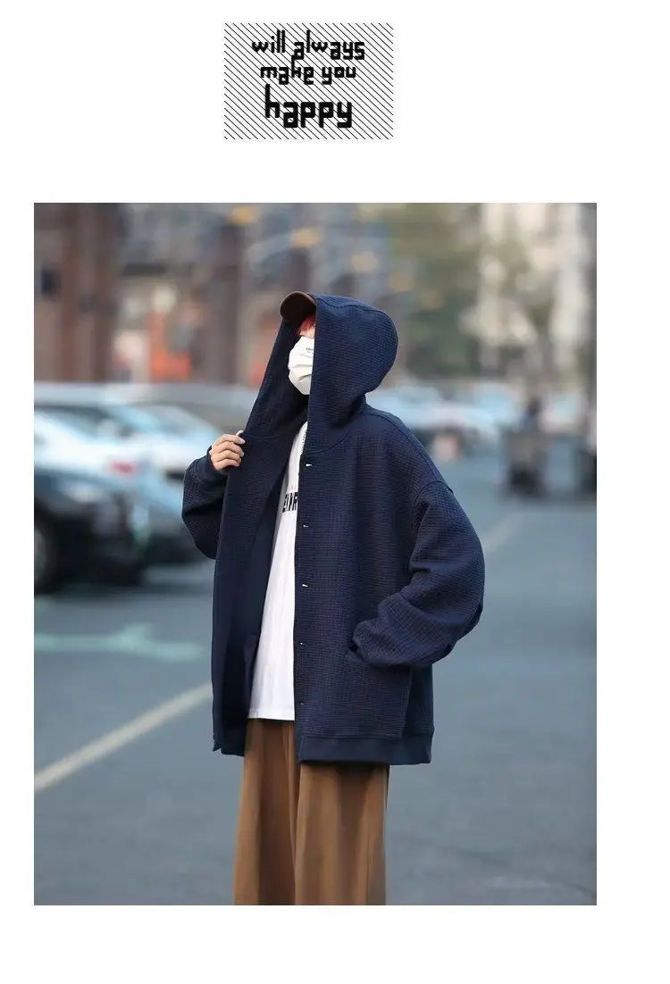 Korean Retro Y2K Waffle Hooded Jacket for Men and Women Ins Harajuku Style Casual Loose Couple Wear Cardigan Sweatshirt