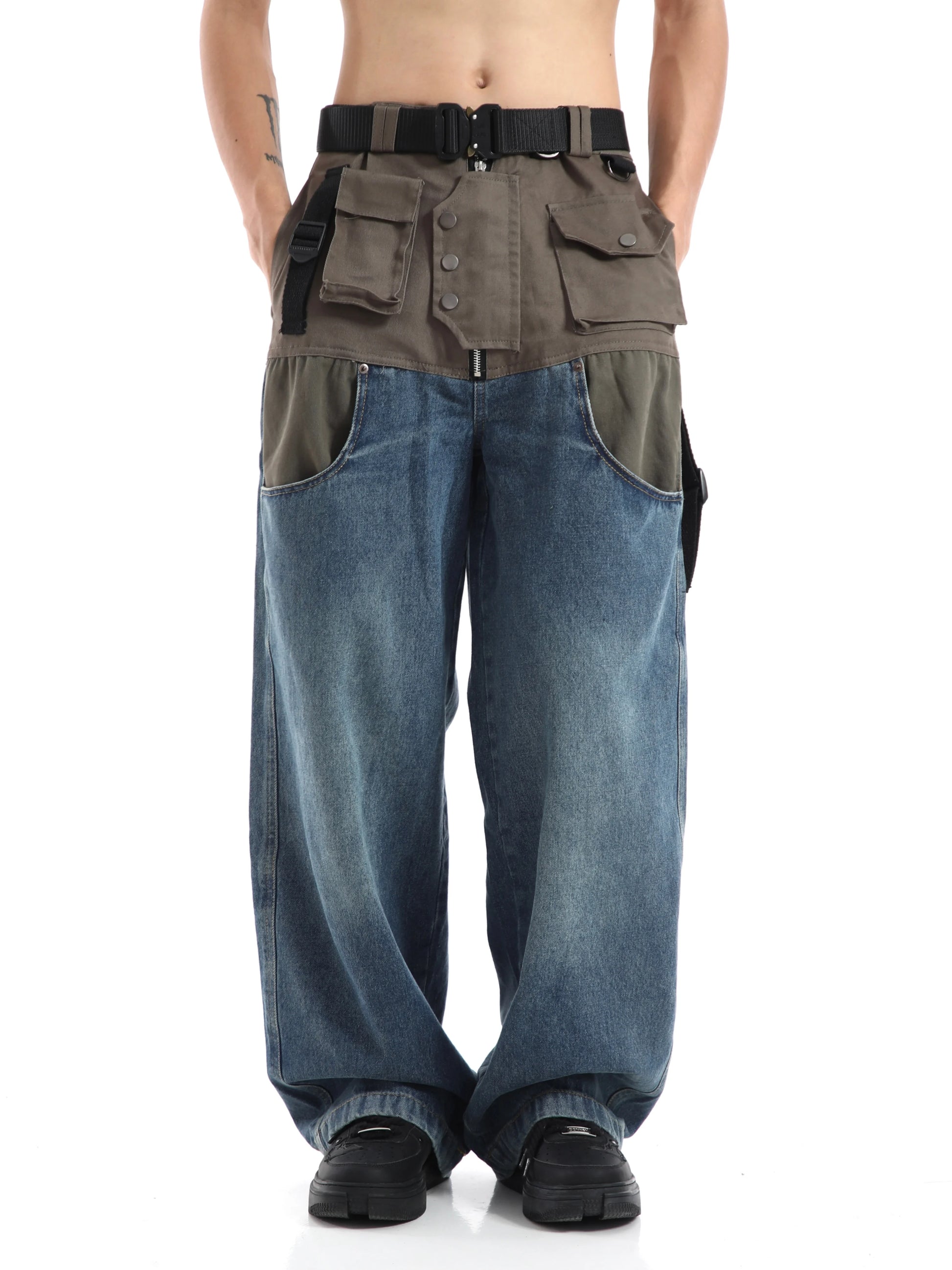 high street cargo pocket patchwork denim jeans pants unisex fashion loose wide leg straight functional tactics pants joggers men unique joggers style 1752